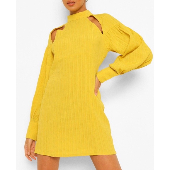 Boohoo Cut Out Textured High Neck Yellow Dress - Picture 1 of 3